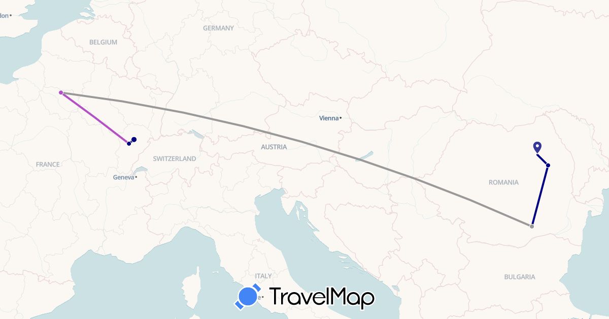 TravelMap itinerary: driving, plane, train in France, Romania (Europe)